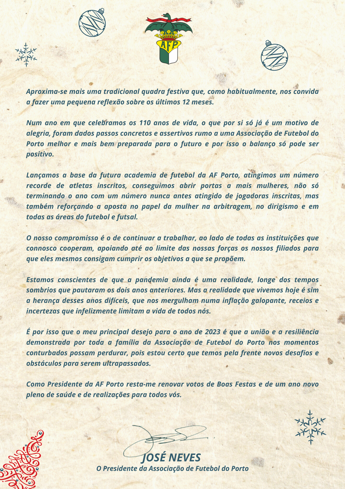 A mensagem de Natal do Presidente da Associação de Futebol do Porto -  AFPorto